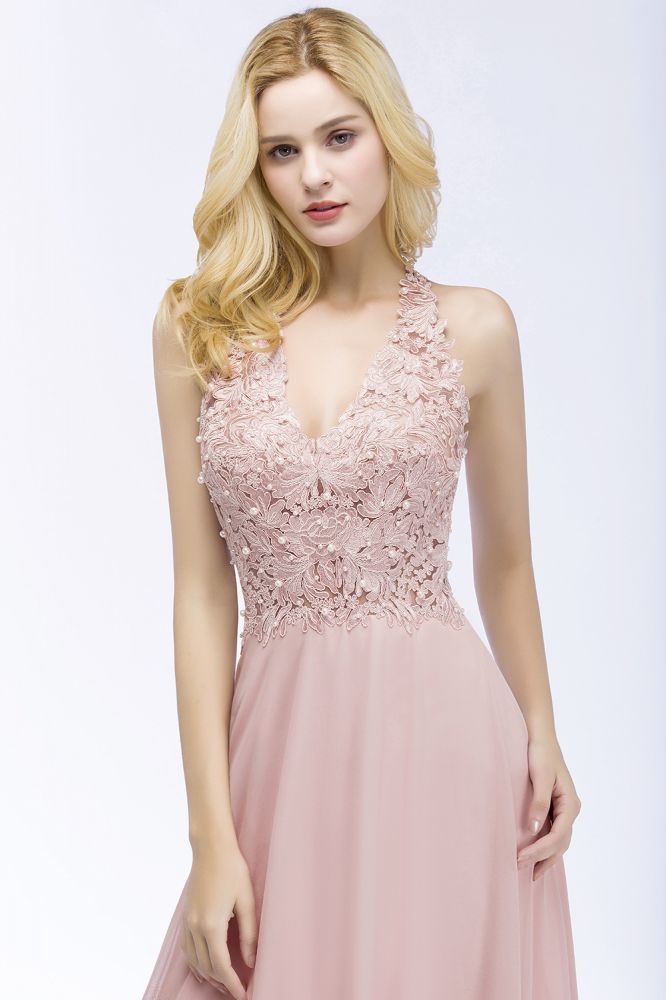 Vestido largo de noche de gasa con escote en V y apliques, sin mangas, para dama de honor