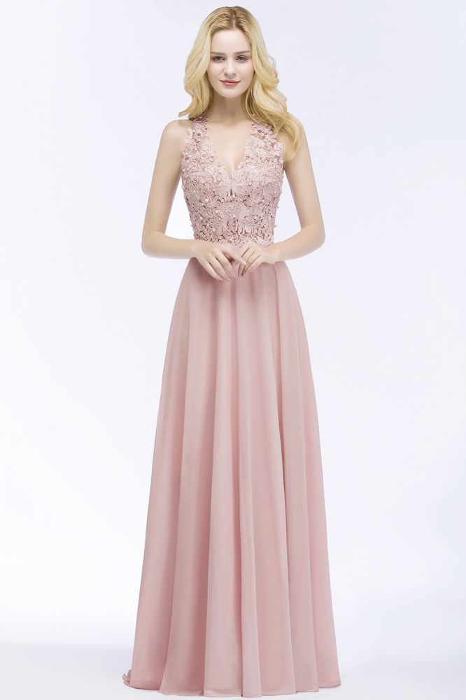 Vestido largo de noche de gasa con escote en V y apliques, sin mangas, para dama de honor