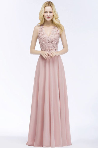 A-Linie V-Ausschnitt Applikationen Chiffon Abend Maxikleider Ärmelloses Brautjungfernkleid