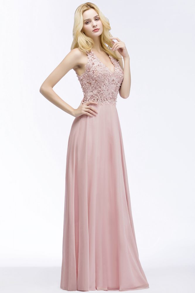 Vestido largo de noche de gasa con escote en V y apliques, sin mangas, para dama de honor