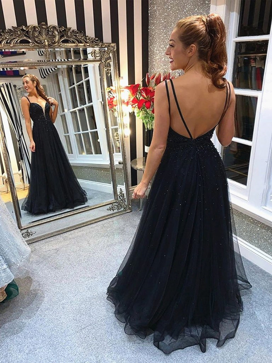 A-Linie V-Ausschnitt Rückenfrei Perlenbesetzt Schwarz Langes Ballkleid Formelle Abschlussfeier Abendkleid