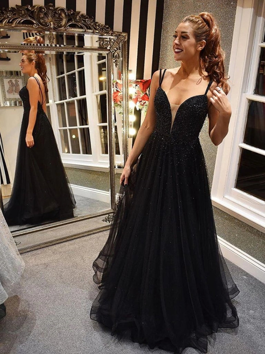 A-Linie V-Ausschnitt Rückenfrei Perlenbesetzt Schwarz Langes Ballkleid Formelle Abschlussfeier Abendkleid