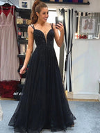 A-Linie V-Ausschnitt Rückenfrei Perlenbesetzt Schwarz Langes Ballkleid Formelle Abschlussfeier Abendkleid