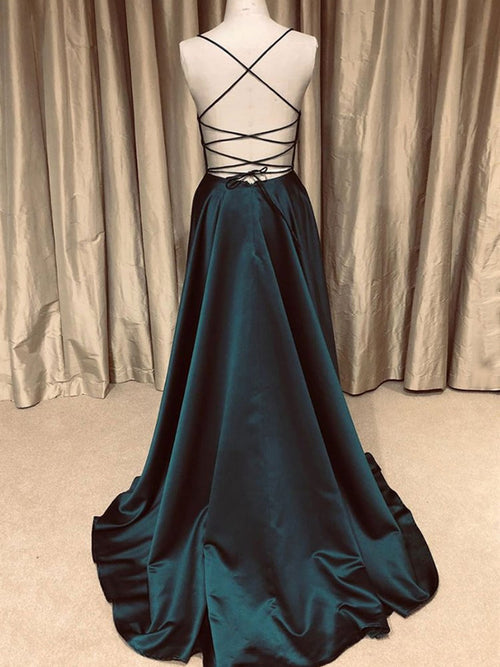 Vestidos de fiesta largos, sencillos, de corte A, con escote en V y espalda descubierta, de color verde oscuro.