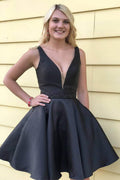 A-Linie, V-Ausschnitt, Schwarz, schlichtes Homecoming-Kleid mit Tasche, PD240