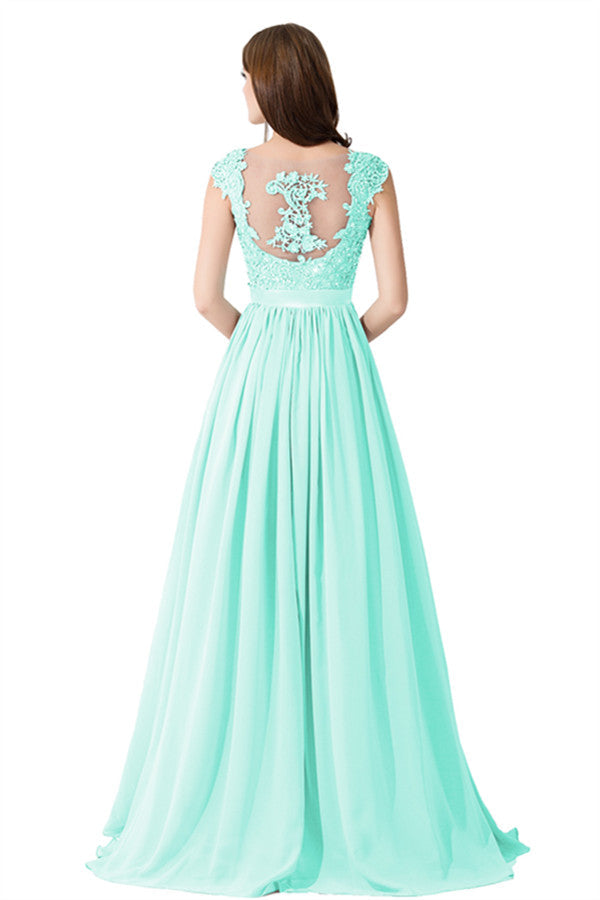 Vestido de dama de honor de gasa con escote en V y apliques en forma de A