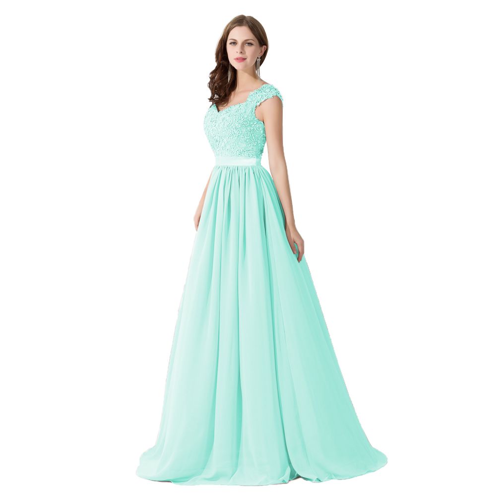 Vestido de dama de honor de gasa con escote en V y apliques en forma de A
