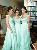 Vestido de dama de honor de gasa con escote en V y apliques en forma de A