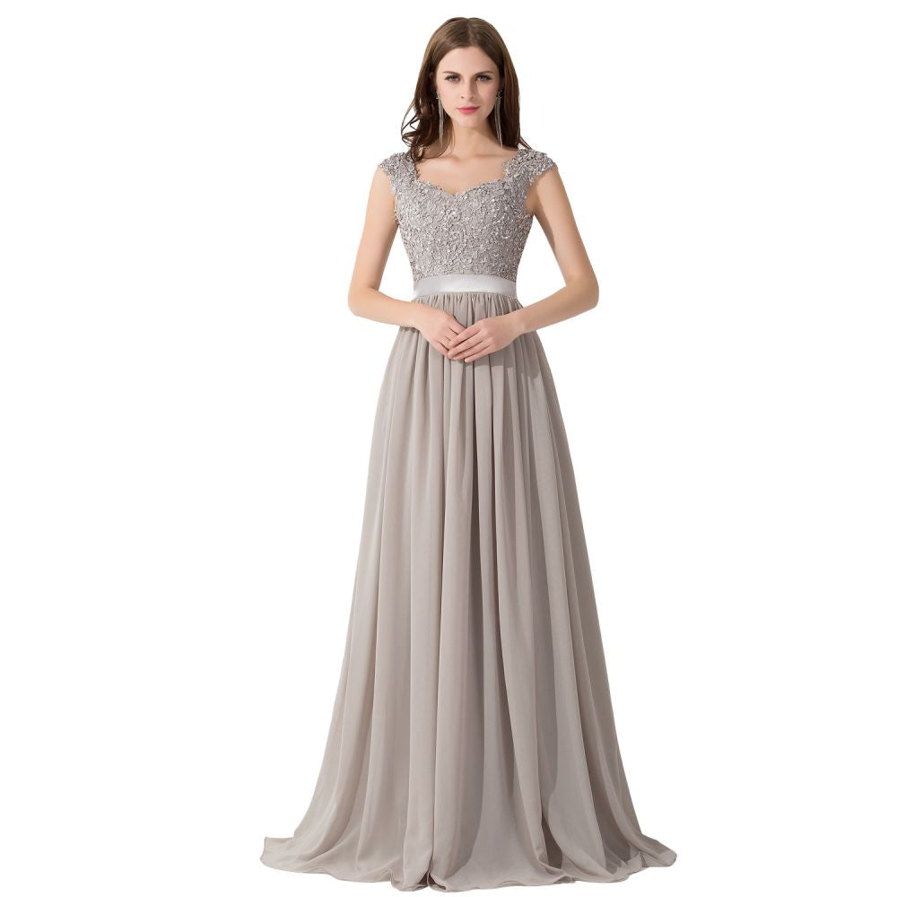 Vestido de dama de honor de gasa con escote en V y apliques en forma de A