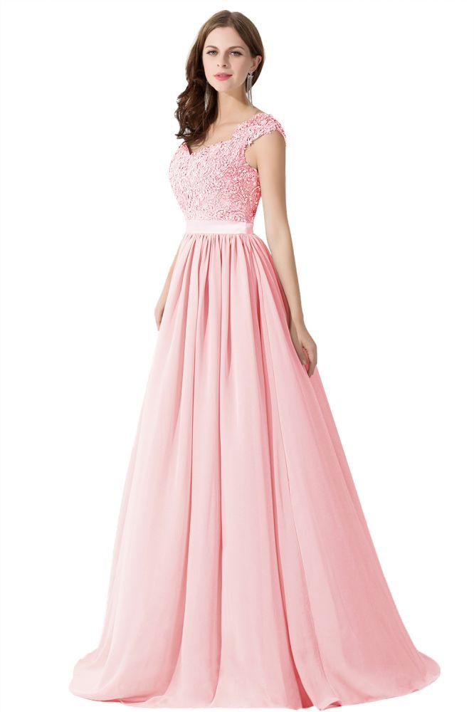 Vestido de dama de honor de gasa con escote en V y apliques en forma de A