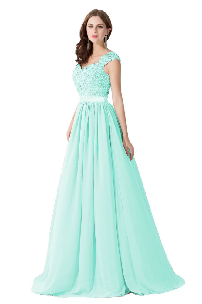 Vestido de dama de honor de gasa con escote en V y apliques en forma de A
