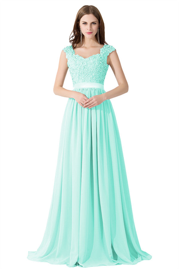 Vestido de dama de honor de gasa con escote en V y apliques en forma de A