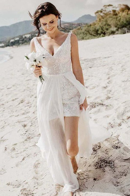 A-Linie V-Ausschnitt Abnehmbare Schleppe Langes Strandhochzeits-/Brautkleid WD264