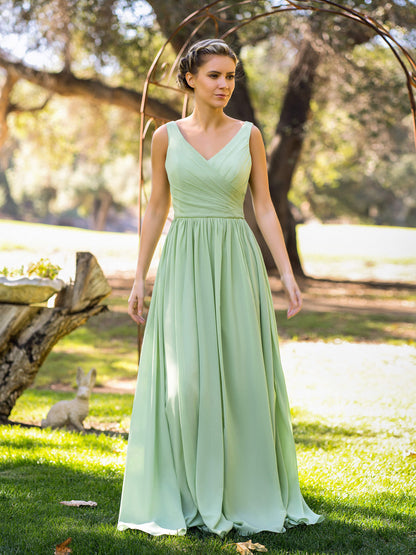 A-Linie V-Ausschnitt Bodenlanges Chiffon Brautjungfernkleid