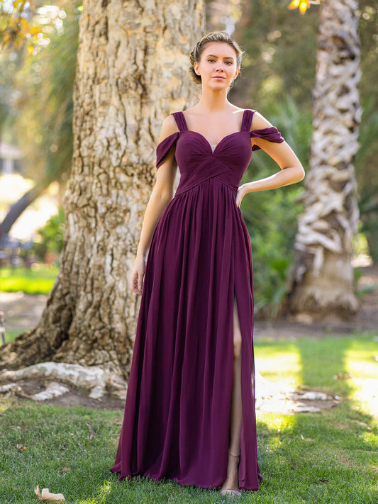 A-Linie V-Ausschnitt Bodenlanges Chiffon Brautjungfernkleid
