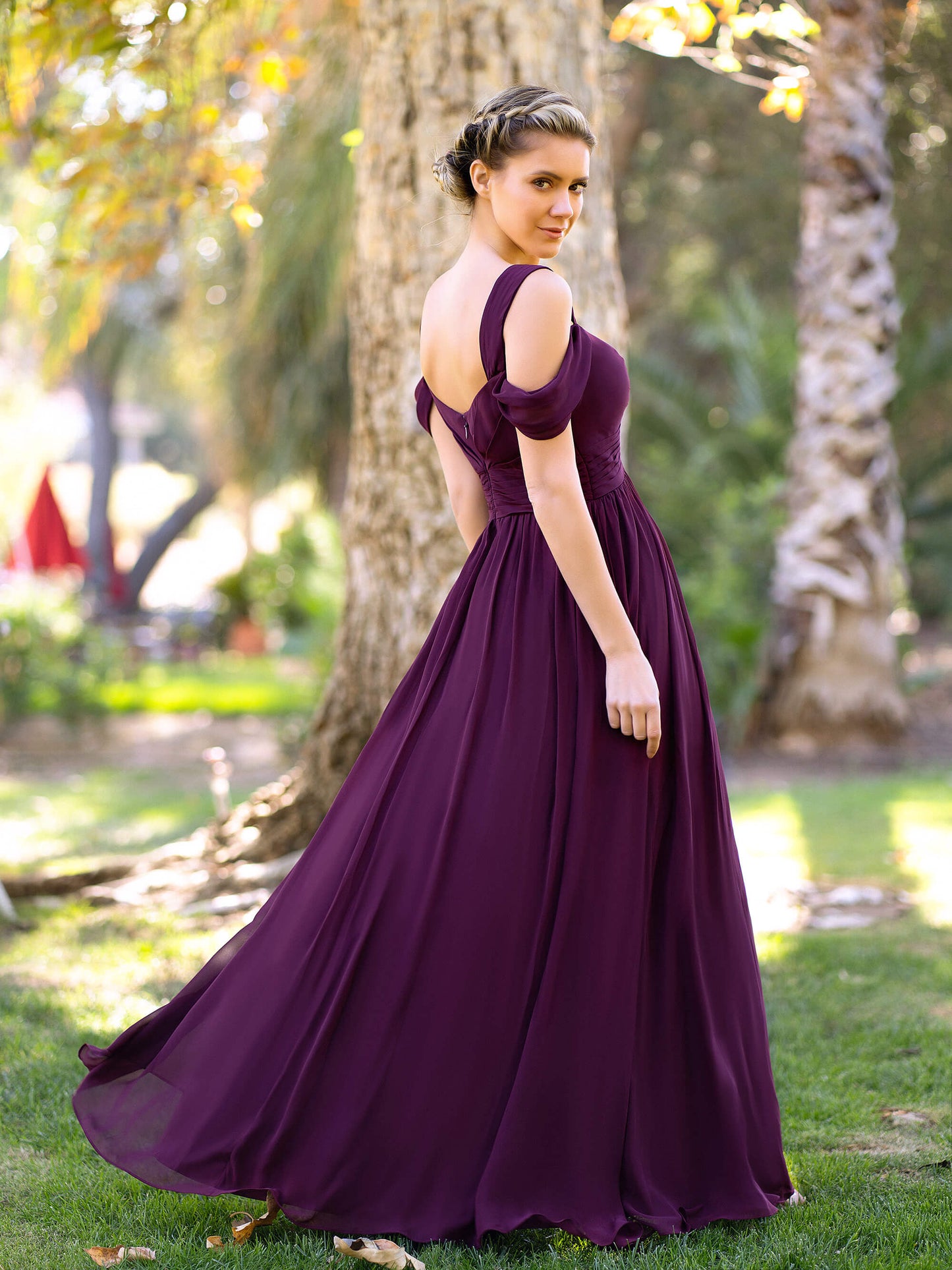 A-Linie V-Ausschnitt Bodenlanges Chiffon Brautjungfernkleid