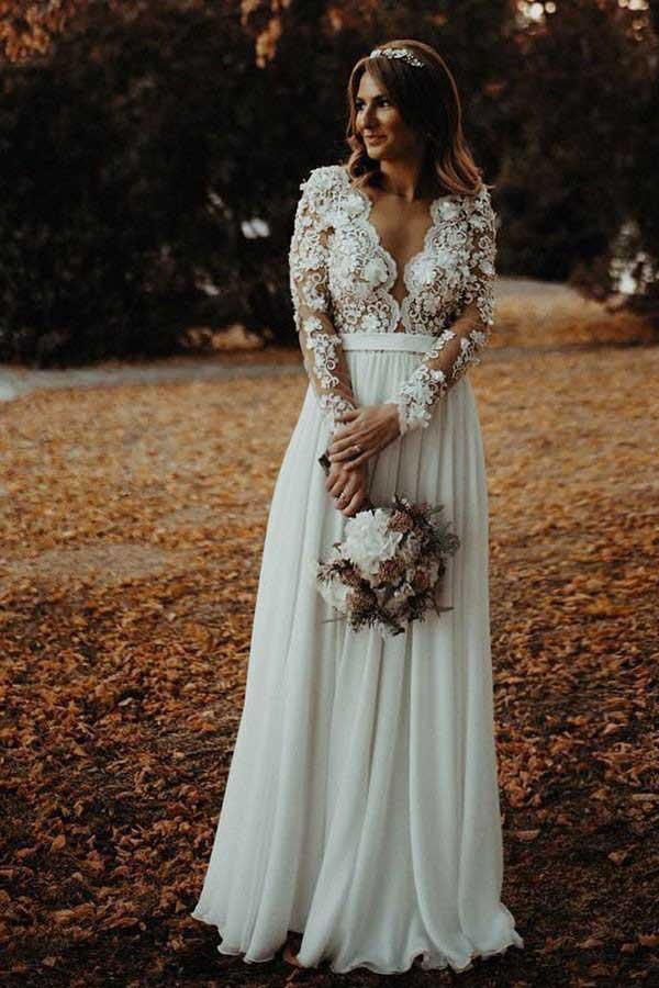 Vestido de novia de gasa con escote en V, largo hasta el suelo y apliques florales WD340