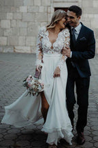 Vestido de novia de gasa con escote en V, largo hasta el suelo y apliques florales WD340