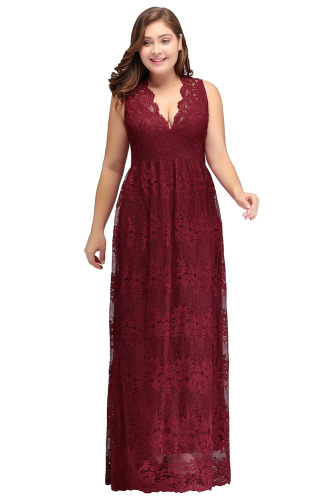 Vestidos de noche burdeos con encaje, sin mangas, escote en V y corte A hasta el suelo, talla grande