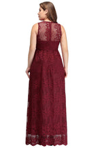 Vestidos de noche burdeos con encaje, sin mangas, escote en V y corte A hasta el suelo, talla grande
