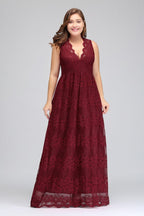 Vestidos de noche burdeos con encaje, sin mangas, escote en V y corte A hasta el suelo, talla grande