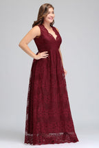 Vestidos de noche burdeos con encaje, sin mangas, escote en V y corte A hasta el suelo, talla grande