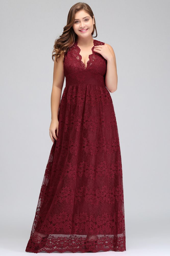 A-Line V-neck Floor Length Sleeveless Plus size Lace Burgundy Evening Dresses