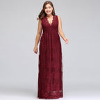 Vestidos de noche burdeos con encaje, sin mangas, escote en V y corte A hasta el suelo, talla grande