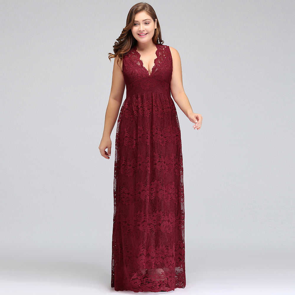 Vestidos de noche burdeos con encaje, sin mangas, escote en V y corte A hasta el suelo, talla grande