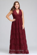 Vestidos de noche burdeos con encaje, sin mangas, escote en V y corte A hasta el suelo, talla grande