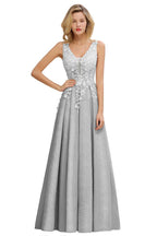 A-Line V-neck Floor-Length Tulle Sequined Prom Dresses