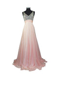 Vestido de fiesta formal de gasa con escote en V y cuentas, corte A, PG257