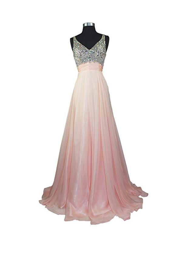 Vestido de fiesta formal de gasa con escote en V y cuentas, corte A, PG257