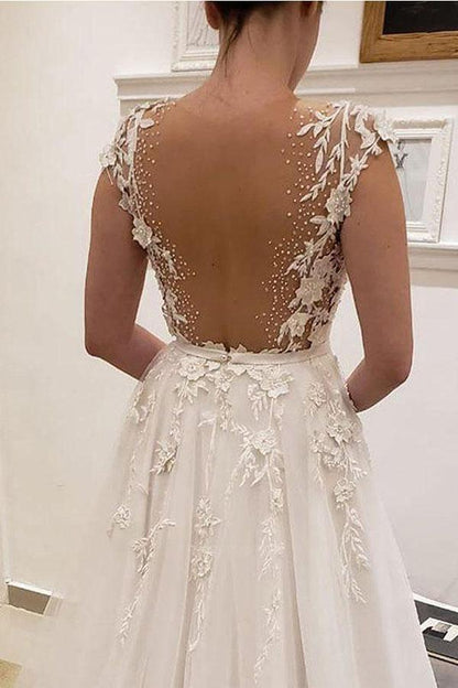 A Line V Neck Ivory Lace Fairy Long Wedding Dresses with Appliques  WD382