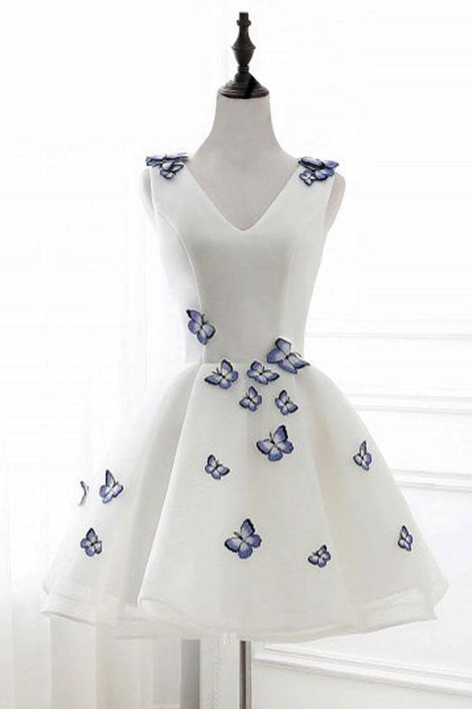 A-Linie, V-Ausschnitt, Elfenbein, Organza, Homecoming-Kleid mit Applikationen, PD138