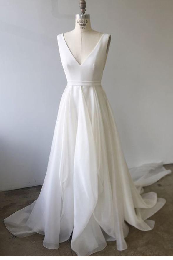 A-line V Neck Ivory Prom Dresses Wedding Dresses With Court Train  PM233