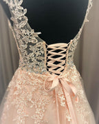 A Line V Neck Lace Long Formal Graduation Evening Prom Dresses with Belt