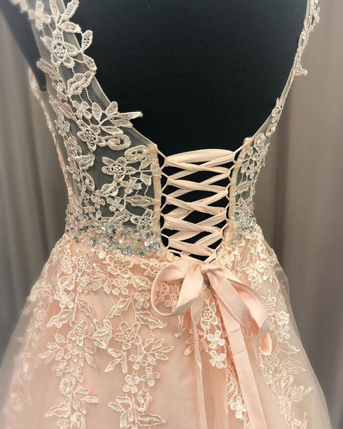 A Line V Neck Lace Long Formal Graduation Evening Prom Dresses with Belt