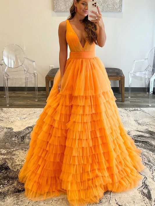 A-Linie V-Ausschnitt Lagen Tüll Lange Ballkleider Orange Formale Abendkleider