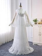A-line V neck Long Sleeve Wedding Dress Rustic Boho Wedding Dress WD516