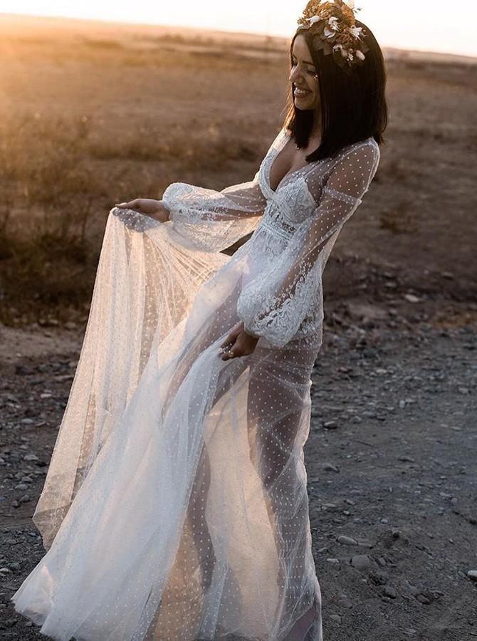 A-Line V-Neck Long Sleeves Beach Wedding Dress with Appliques WD407