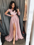 A-Linie V-Ausschnitt Lange Ärmel Spitze Satin Formelle Ballkleider mit Beinschlitz