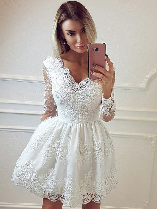 A-Linie V-Ausschnitt Lange Ärmel Spitze Weiß Kurzes Ballkleid