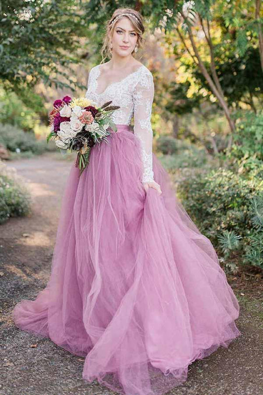 A-Linie V-Ausschnitt Langarm Rosa Tüll Brautkleid mit Spitzenapplikationen WD311