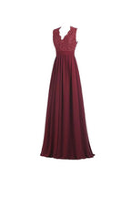 Vestido de noche largo de gasa con escote en V, espalda abierta y encaje, PG253