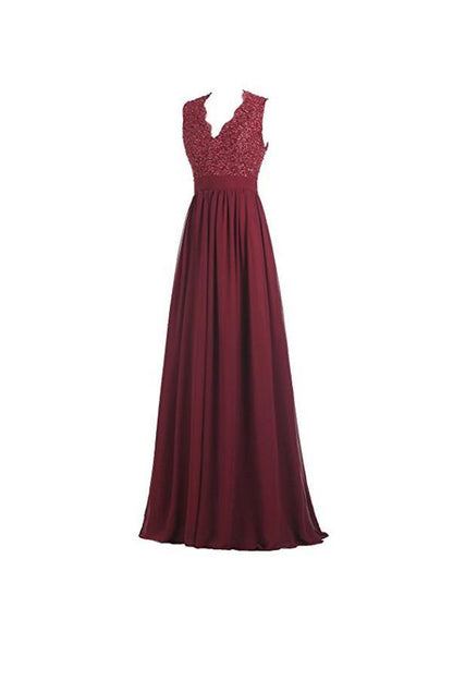 A-Linie, V-Ausschnitt, offener Rücken, Chiffon, langes Abendkleid mit Spitze, PG253