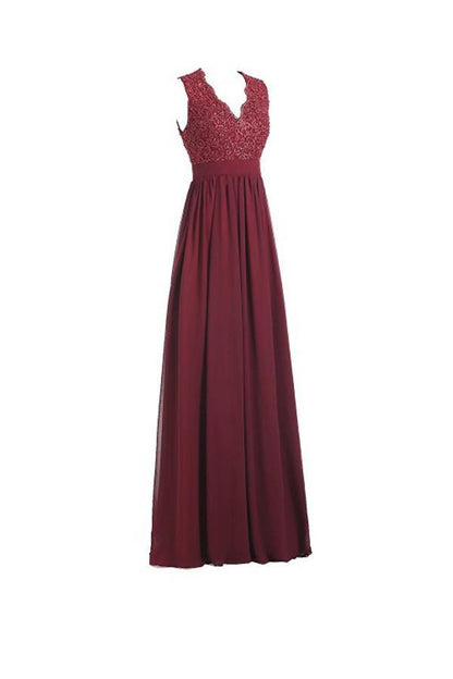 A-Linie, V-Ausschnitt, offener Rücken, Chiffon, langes Abendkleid mit Spitze, PG253