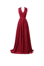 Vestido de noche largo de gasa con escote en V, espalda abierta y encaje, PG253