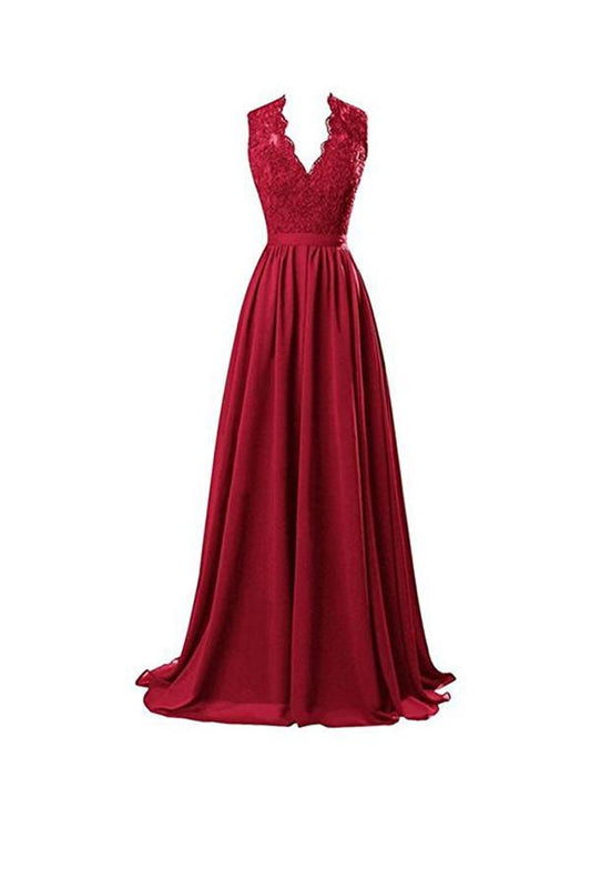 A-Linie, V-Ausschnitt, offener Rücken, Chiffon, langes Abendkleid mit Spitze, PG253