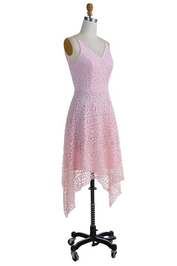 Vestido de dama de honor, fiesta de graduación y regreso a casa con escote en V y encaje rosa perla BD053